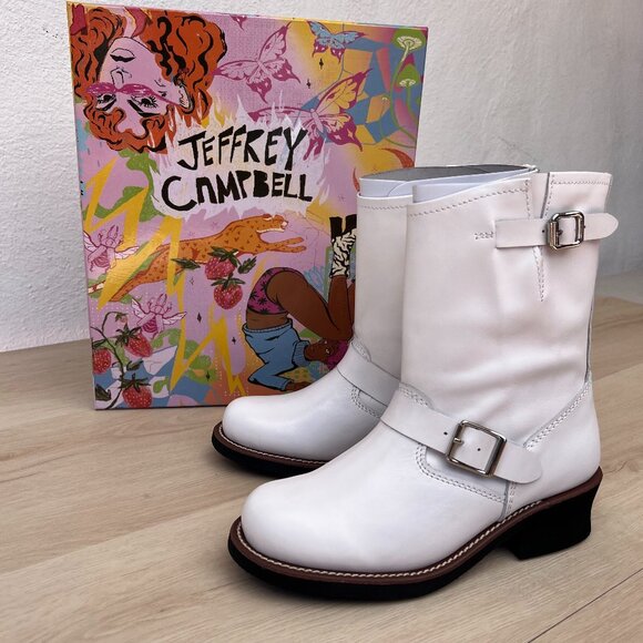 NIB Jeffrey Campbell Standoff White Leather Moto Boots(8.5) 90s Grunge Aesthetic - Picture 2 of 14
